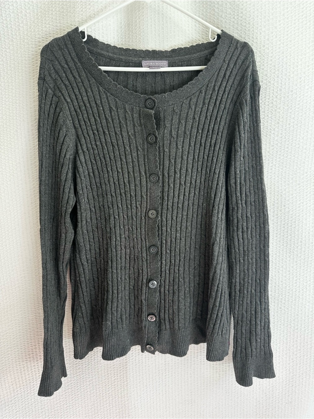 LAURA SCOTT Gray Cable Knit Button Front Cardigan Sweater XL Long Sleeve